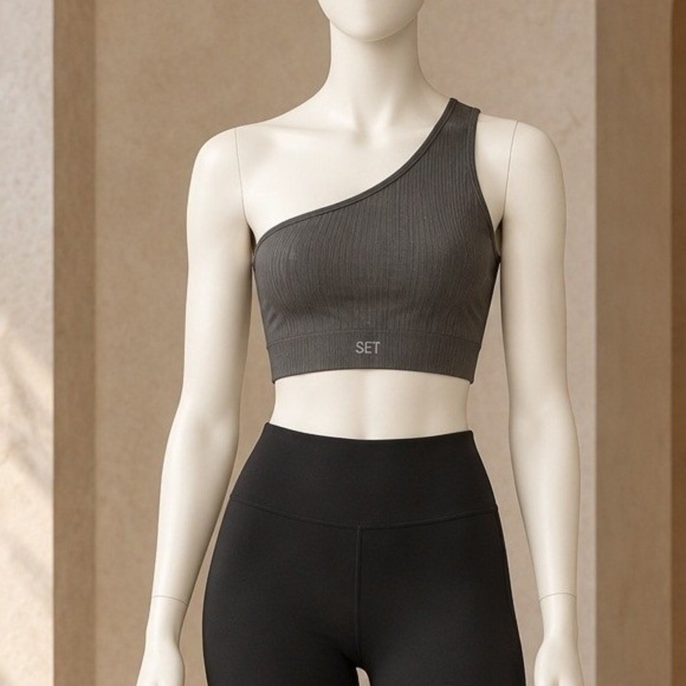 Set Active Womens One Shoulder Ribbed Seamless Sports Bra Charcoal Gray Size M/L